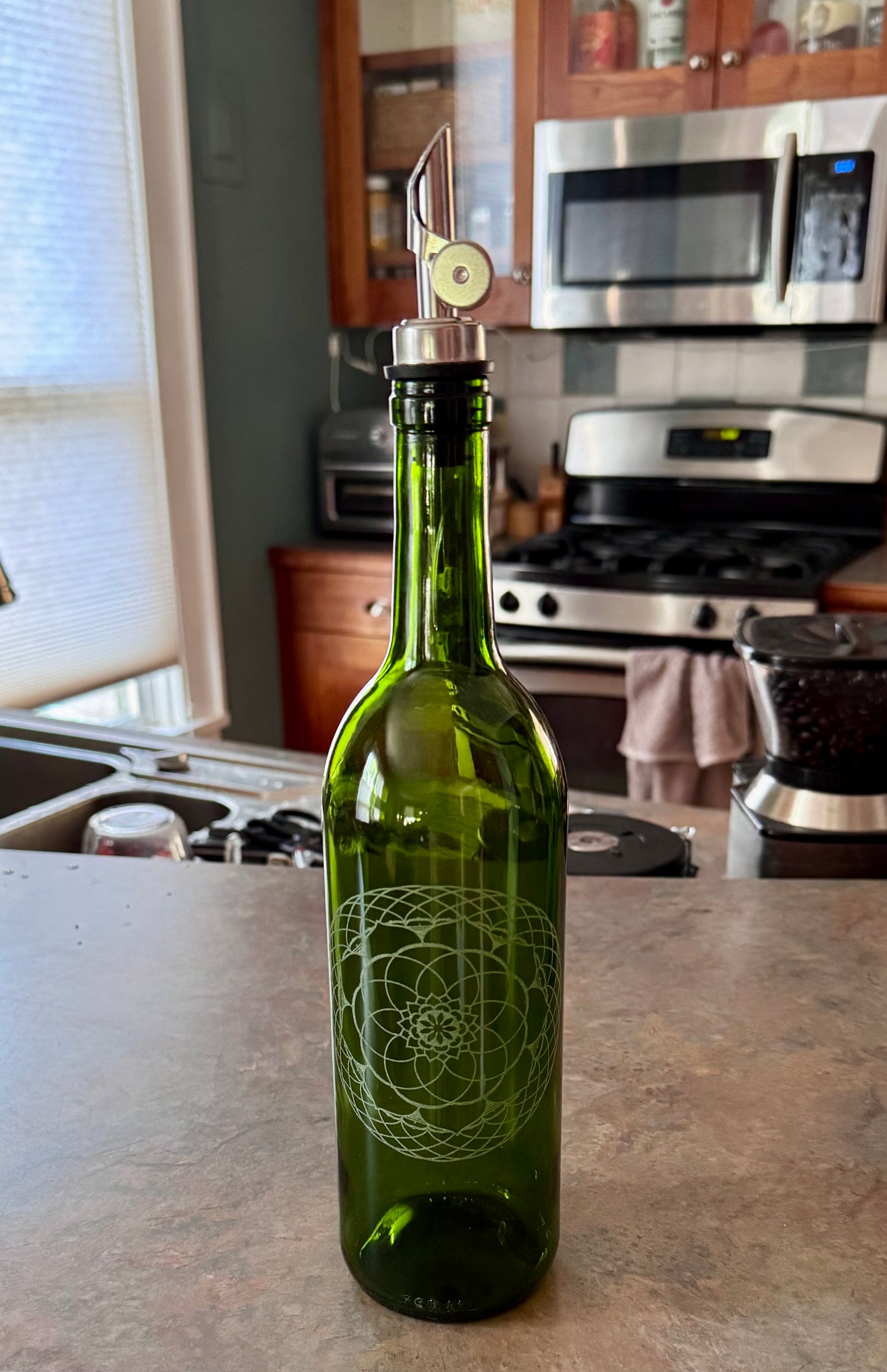Handcrafted Engraved Bottle for Olive Oil, Vinegar, Whiskey & More