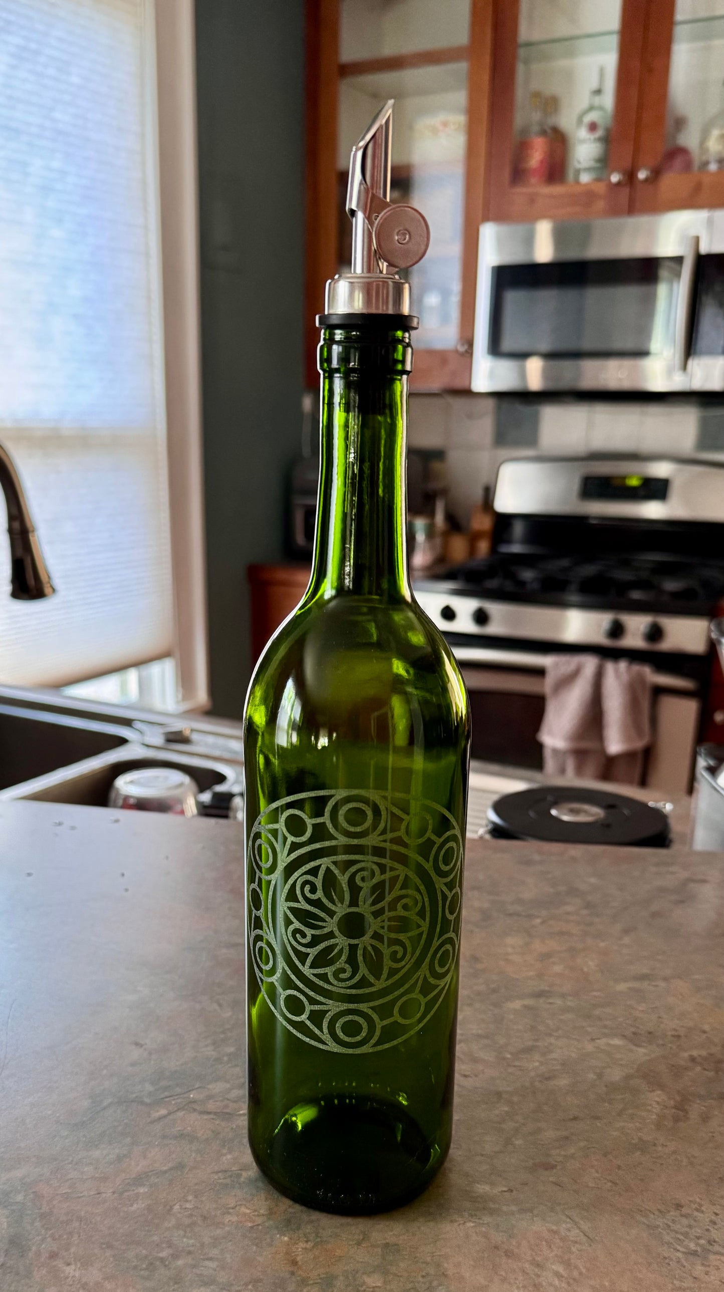 Handcrafted Engraved Bottle for Olive Oil, Vinegar, Whiskey & More