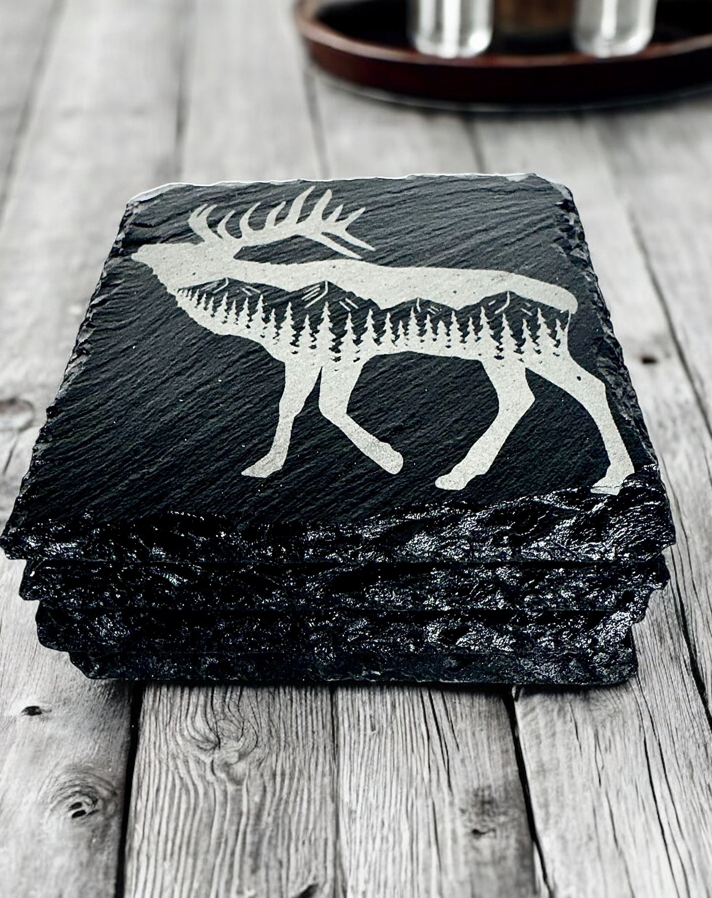 Eclectic Elk Engraved Slate Coaster Set